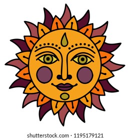 The sun with blush on the cheeks. Indian mandala, smile. Vector illustration . Stained glass, painted Soletsk with eyes and blush.