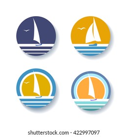 Sun and Boat in Ocean logo set. Sailboat and Sea icon set. Vector isolated on white