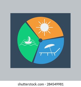 Sun, Boat with Waves, Beach Chair and Umbrella on Beach. Associative Array, Concept for Rest, Relaxation, Holidays, Spa, Resort. Beach Vacation.. Vector Illustration