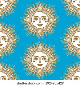 Sun boho drawn seamless vector pattern