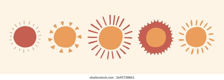 Conjunto de iconos de Sun Boho. Colección del logotipo de Sunset Ray Line. Ilustración vectorial al amanecer bohemia