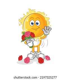 el sol con una mascota de ramo. vector de dibujos animados