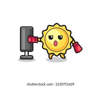 sun boxer cartoon doing training with punching bag , cute design