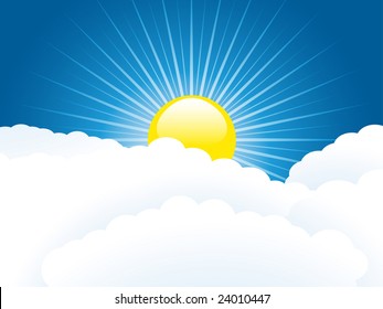 Sun breaking through fluffy clouds in a perfect blue sky