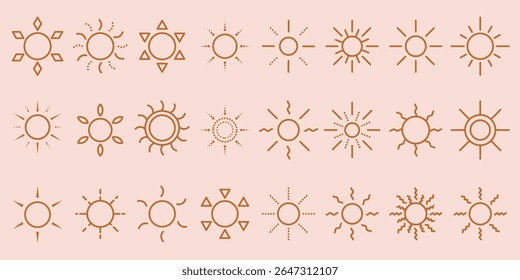 Sun bright icon. Shine sun ray set. Orange sun star line icons. Y2k sunburst set. Sun icons and sunbeam collection. Minimalist sunshine line icon vector. Bright screen adjust, exposure settings symbol
