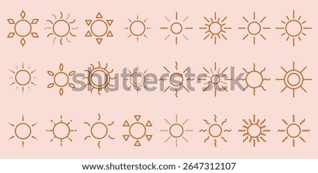 Sun bright icon. Shine sun ray set. Orange sun star line icons. Y2k sunburst set. Sun icons and sunbeam collection. Minimalist sunshine line icon vector. Bright screen adjust, exposure settings symbol