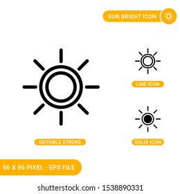 Sun bright icons set vector illustration with solid icon line style. Heat energy intensity concept. Editable stroke icon on isolated background for web design, infographic and UI mobile app.