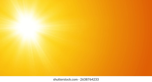 Sun in bright orange coastline sky vector realistic background. Summer illustration of sunny evening with clear sky and sunlight 