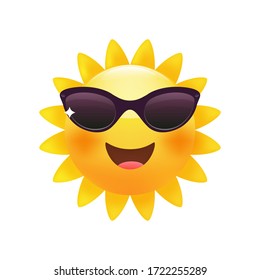 Sun bright yellow emoticon, happy summer face with sunglasses.  Premium vector.