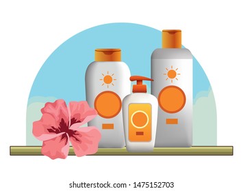 Sun bronzer bottes with flower in the beach scenery background ,vector illustration graphic design.