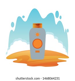 Sun bronzer bottle cosmetic product with dispenser on beach scenery background ,vector illustration graphic design.