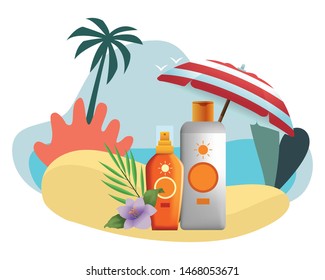 Sun bronzer bottles with flower under beach umbrella in the beach scenery background ,vector illustration graphic design.