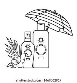 Sun bronzer bottles with flower under beach umbrella ,vector illustration graphic design.