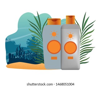 Sun bronzer bottles with palm leaves cosmetic products on beach scenery background ,vector illustration graphic design.