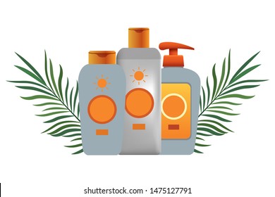 Sun bronzer bottles with palm leaves cosmetic products ,vector illustration graphic design.