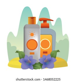 Sun bronzer bottles with tropical flowers cosmetics products in the beach scenery ,vector illustration graphic design.