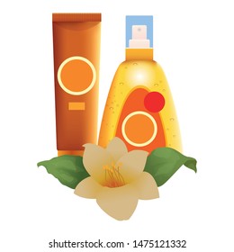 Sun bronzer bottles with tropical flowers cosmetics products ,vector illustration graphic design.