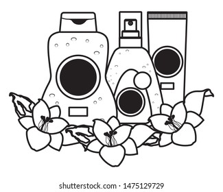 Sun bronzer bottles with tropical flowers cosmetics products ,vector illustration graphic design.