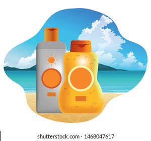 Sun bronzers bottles cosmetic products on beach scenery background ,vector illustration graphic design.
