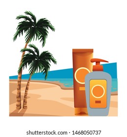 Sun bronzers bottles cosmetic products on beach scenery background with palms ,vector illustration graphic design.