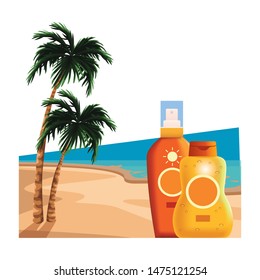 Sun bronzers bottles cosmetic products on beach scenery background with palms ,vector illustration graphic design.