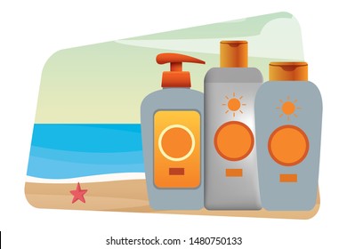 Sun bronzers bottles cosmetic products on beach scenery background ,vector illustration graphic design.