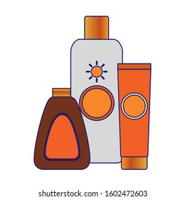 sun bronzers and sunscreens bottles over white background, vector illustration