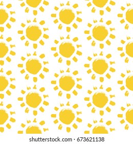 Sun, brush strokes, hand drawn seamless pattern. Yellow spots on white background, vector illustration. Sample in file.