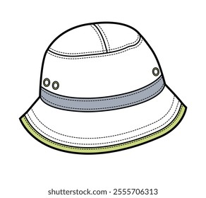 Sun bucket hats technical flat drawing vector mockup template.