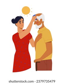 Sun burn person concept. Woman help elderly man. Suntan and cosmetics for protecting skin. Protect from hot weather and sunstroke. Cartoon flat vector illustration isolated on white background