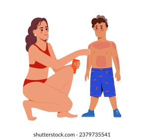 El concepto de persona de quemaduras de sol. Mujer con traje de baño rojo con niño. Suntan y cosméticos para proteger la piel. Afiche o pancarta. Dibujo vectorial plano de dibujos animados aislado en fondo blanco