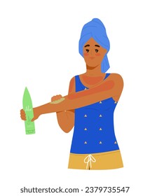 Sun burn person concept. Woman in blue towel. Suntan and cosmetics for protecting skin. Beauty, aesthetics and elegance. Cartoon flat vector illustration isolated on white background