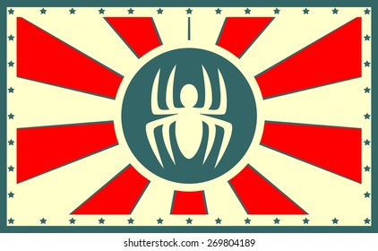 sun burst banner with spider icon in the center