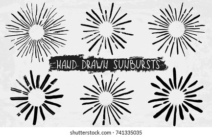 Sun Burst. Collection Of Trendy Hand Drawn Retro Sunbursts. Bursting Rays Design Elements. Vector Illustration