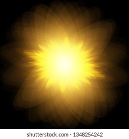 Sun, burst, explosion. Vector yellow sun with rays and glow on black background