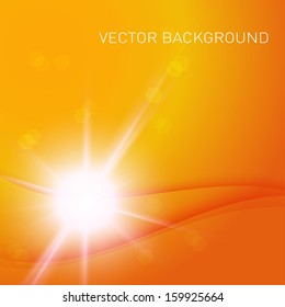 Sun burst with flare on orange background. Vector illustration. 