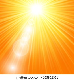 Sun burst with flare, vector summer yellow background
