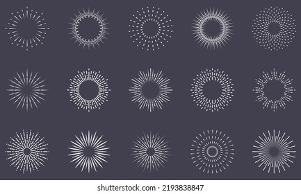 Sun Burst Light Circle Line Icon on Dark Background. White Round Sunshine Sparkle Bang Retro Vintage Minimal Outline Icon. Sunburst Shine Linear Pictogram. Isolated Vector Illustration.