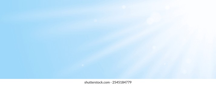 Sun burst light glare in blue sky. Natural light scene wallpaper for banner, mockup, template, overlay, poster. Bright sunshine light rays and beams on surface, wall, ceiling, floor. Vector