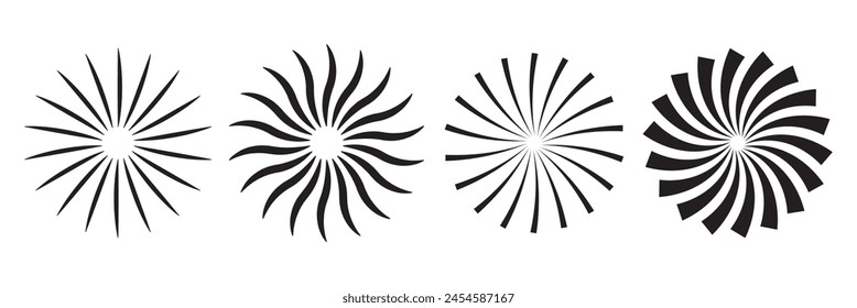 Sun burst radial vector elements. Black burst circular background. Starburst sunburst round shape. Vector illustration.