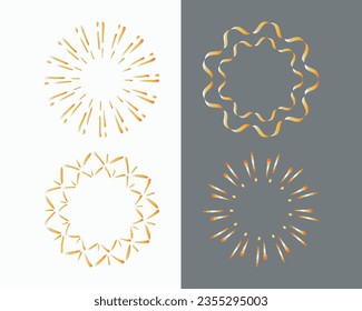 Sun burst rays icons set. Doodle hand drawn logo shapes, paint brush line strokes. Yellow gold orange gradient colours. Vector illustration