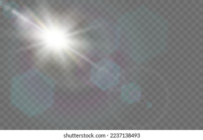 Sonne platzt, realistischer Himmelsstrahl, Sonnenlicht auf transparentem Hintergrund. Gelbe Sommersonnige helle Sonnenstrahlen, Frühlingssonnenaufgang, Kreisraum. Flare-Effekt. digitale Vektorgrafik