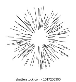 Sun burst, star burst sunshine line. Vector illustration. Icon black on white. Design element for logo, signs. Dynamic style. Abstract explosion, speed motion lines from the middle, radiating sharp.