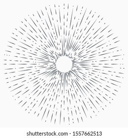 Sun burst, star burst sunshine. Radiating from the center of thin beams, lines. Abstract explosion, speed motion lines from the middle, radiating sharp