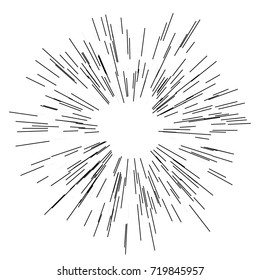 Sol estourou, estrela estourou sol. Irradiando do centro de feixes finos, linhas. Ilustração vetorial. Elemento de design para logotipo, sinais de explosão de estilo dinâmico abstrato, linhas de movimento de velocidade do meio