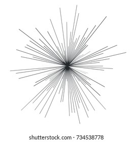 Sun burst, star burst sunshine. Radiating from the center of thin beams, lines. Vector illustration. Icon black on white. Design element for logo, signs. Dynamic style. Abstract explosion