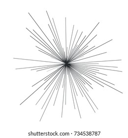 Sun burst, star burst sunshine. Radiating from the center of thin beams, lines. Vector illustration. Icon black on white. Design element for logo, signs. Dynamic style. Abstract explosion
