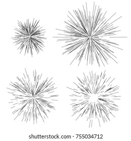 Sun burst, star burst sunshine. Radiating from the center of thin beams, lines. Design element for logo, signs. Dynamic style. Abstract explosion, speed motion lines from the middle, radiating sharp
