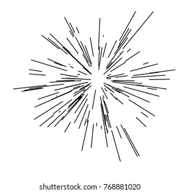Sun burst, star burst sunshine. Radiating from the center of thin beams, lines. Icon black on white.  Dynamic style. Abstract explosion, speed motion lines from the middle, radiating sharp