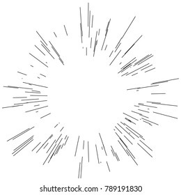 Sun burst, star burst sunshine. Radiating from the center of thin beams, lines. Vector illustration. Icon black on white. Design element for logo. Dynamic style. Abstract explosion, speed motion